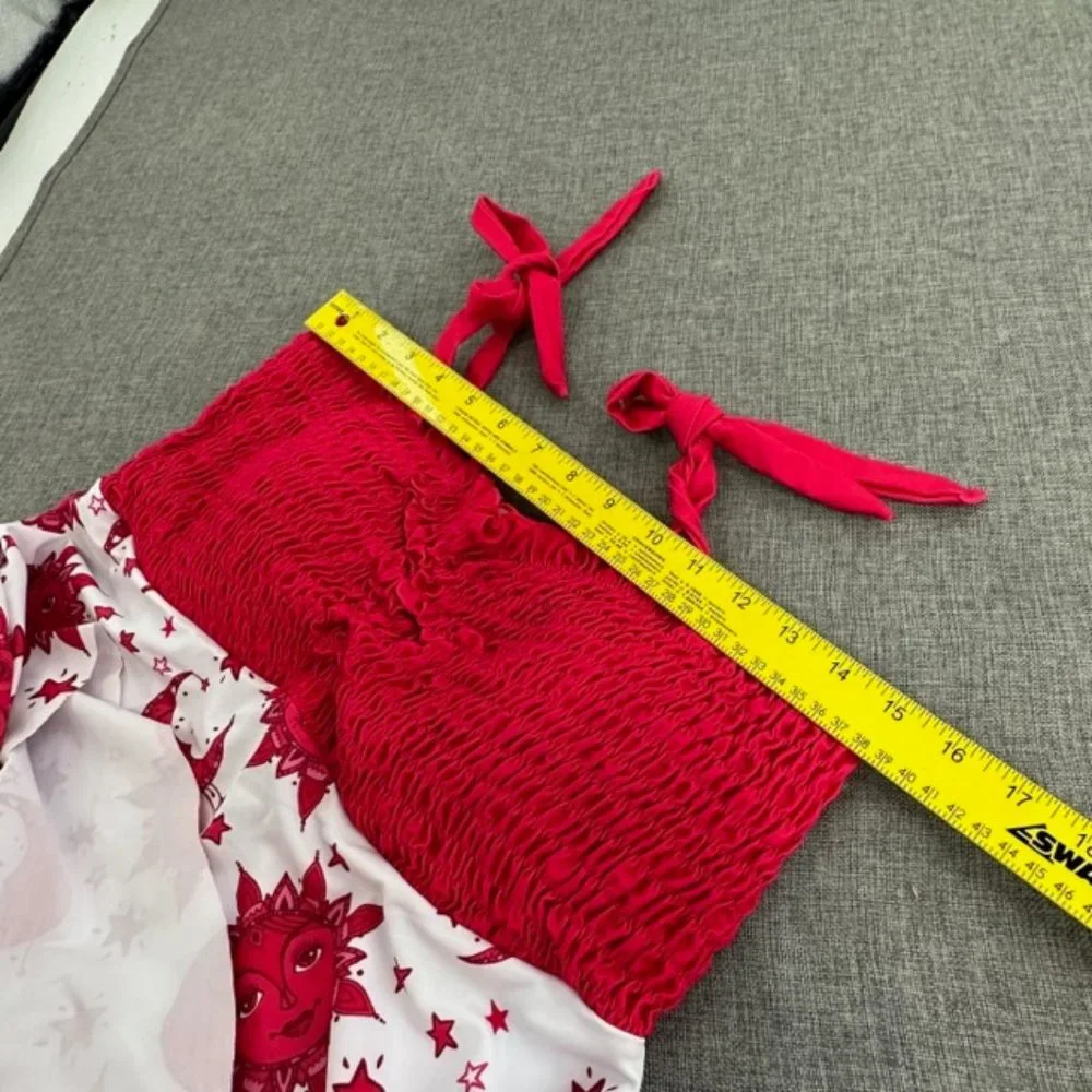 Tankini Swimsuit Dress Sun & Moon Red White Tie Straps Stretchy Removable Pads L